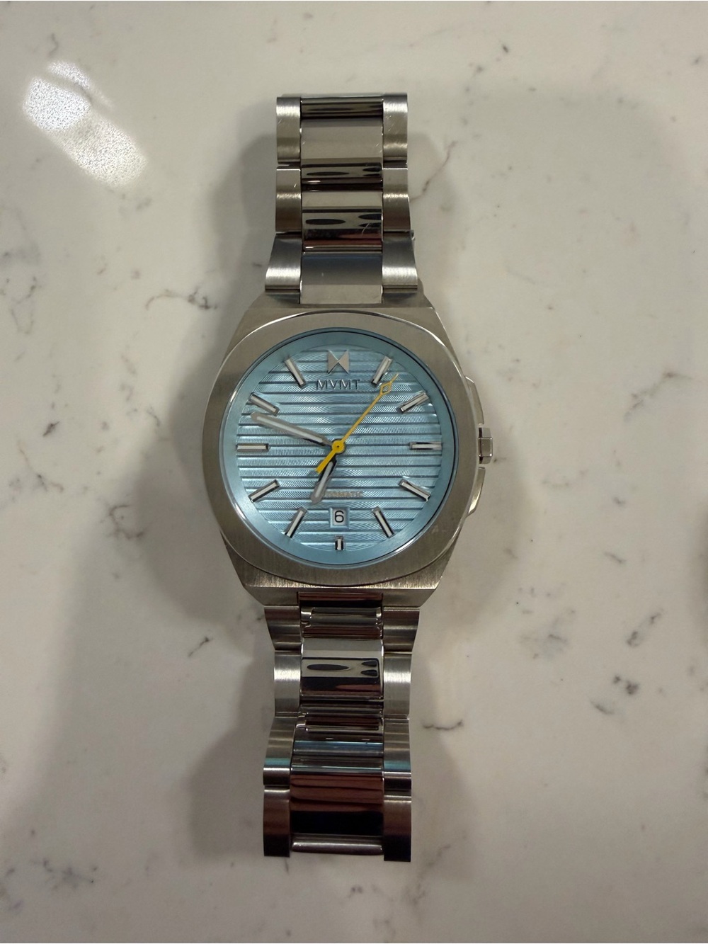 MVMT Stainless Steel Watch with Light Blue Dial and Yellow Seconds Hand